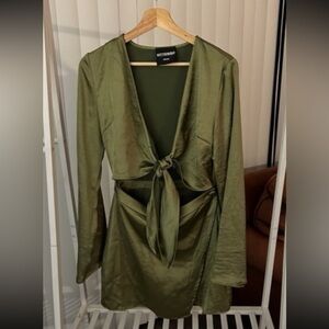 Kittenish Olive Green Satin Tie-Front Dress
